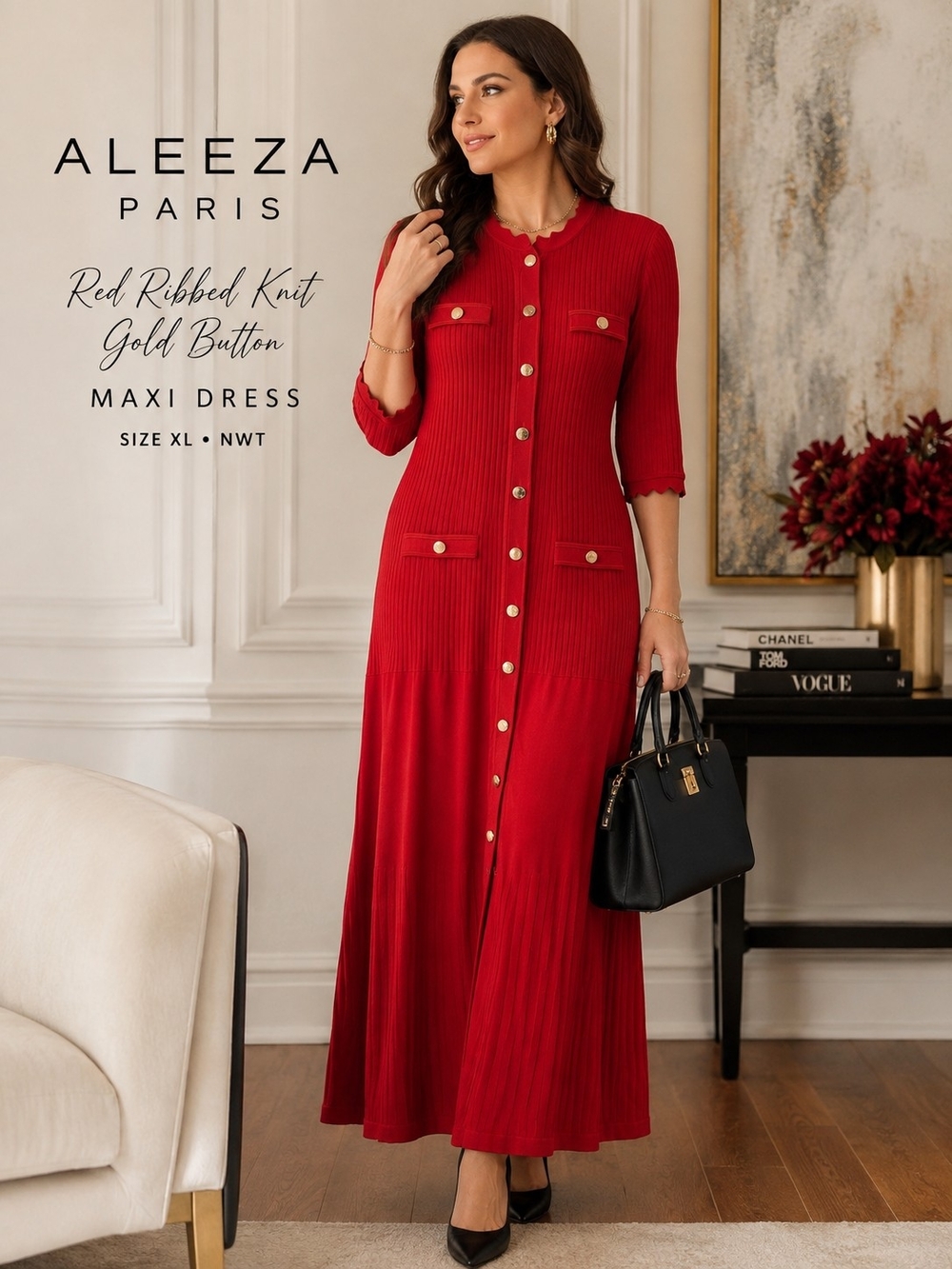 Aleeza Paris Red Ribbed Knit Gold Button Maxi Dress XL NWT